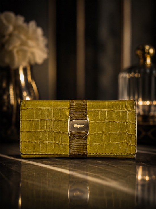 Salvatore Ferragamo Handbags - Salvatore Ferragamo Croc Embossed Leather Wallet – Pale Green Pattern